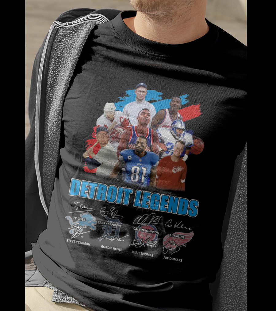 Detroit Legends Ty Cobb Barry Sanders Calvin Johnson Steve Yzerman Gordie Howe Isiah Thomas Al Kaline Joe Dumars T-Shirt