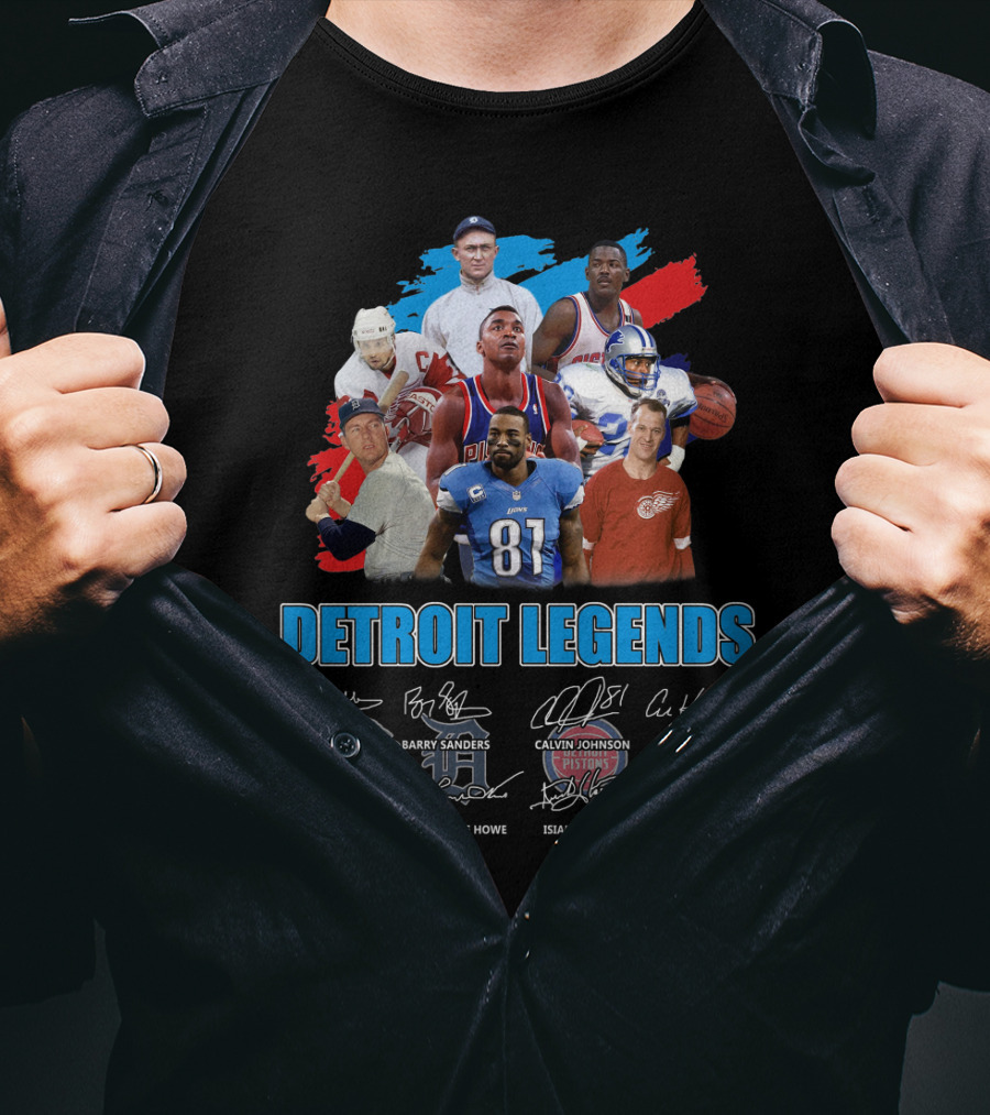 Detroit Legends Ty Cobb Barry Sanders Calvin Johnson Steve Yzerman Gordie Howe Isiah Thomas Al Kaline Joe Dumars T-Shirt