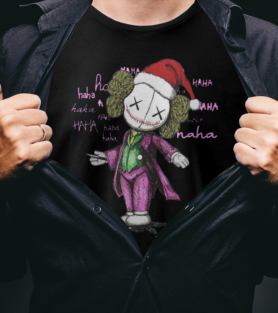 Santa Joker Kaws Haha Clown Character In Festive Hat With Laughing Text T-Shirt