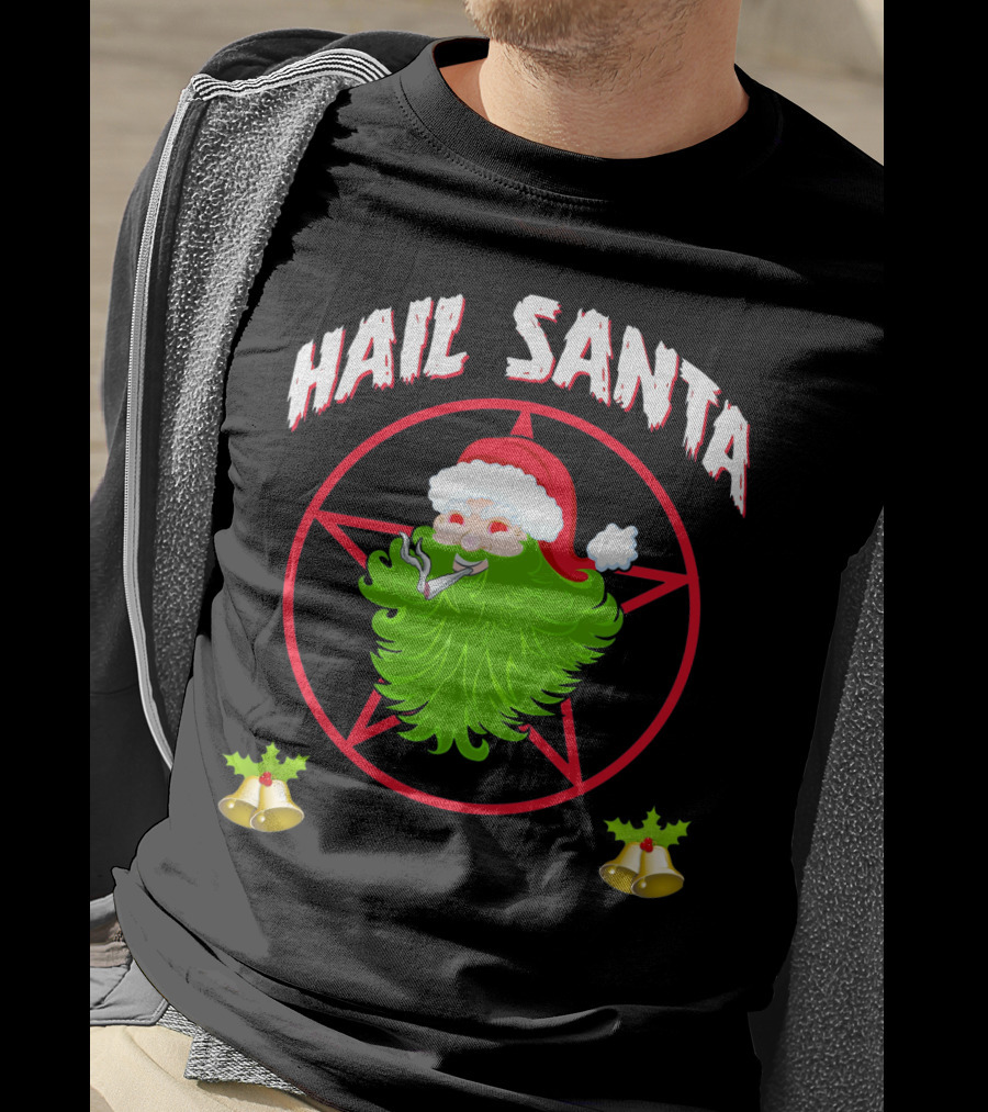 Hail Santa Pentagram Smoking Holly Bells T-Shirt