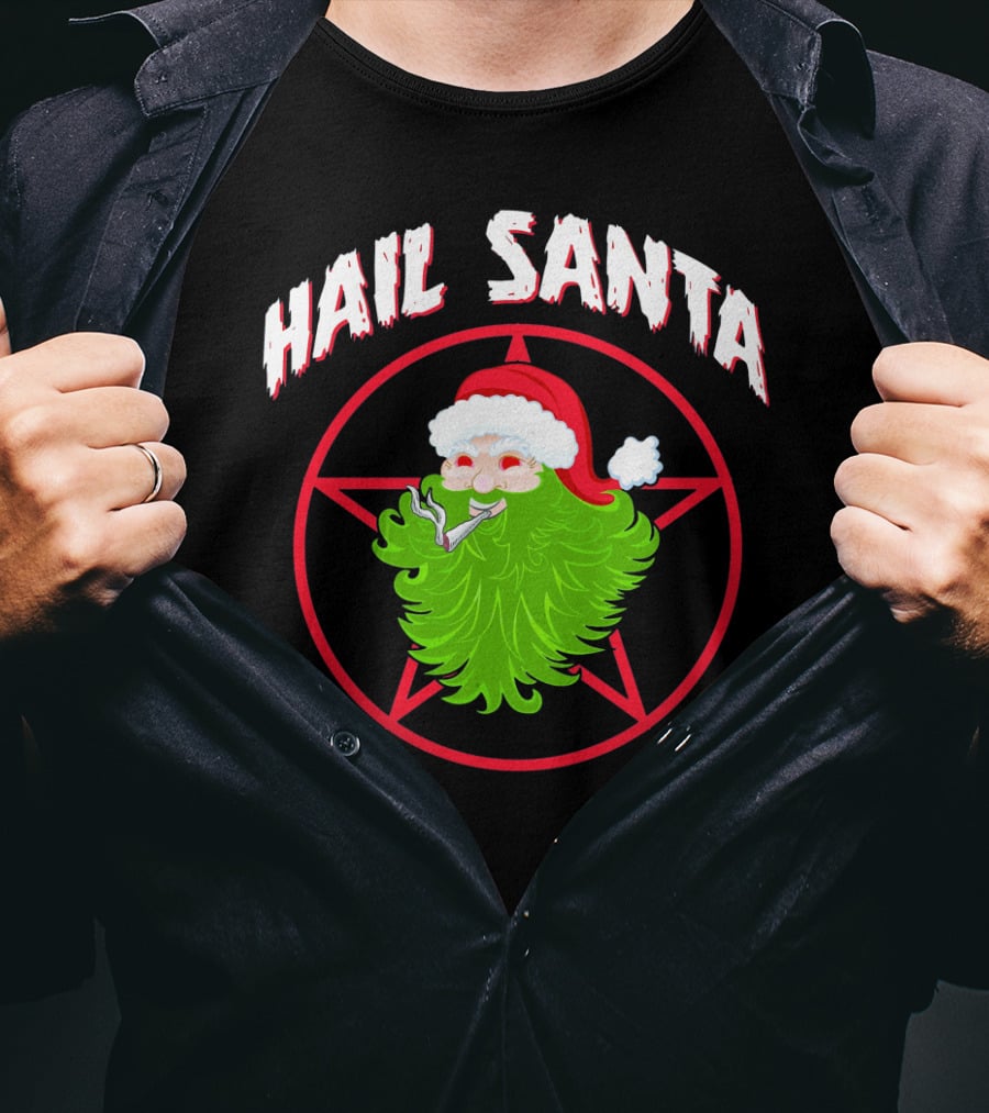 Hail Santa Pentagram Smoking Holly Bells T-Shirt