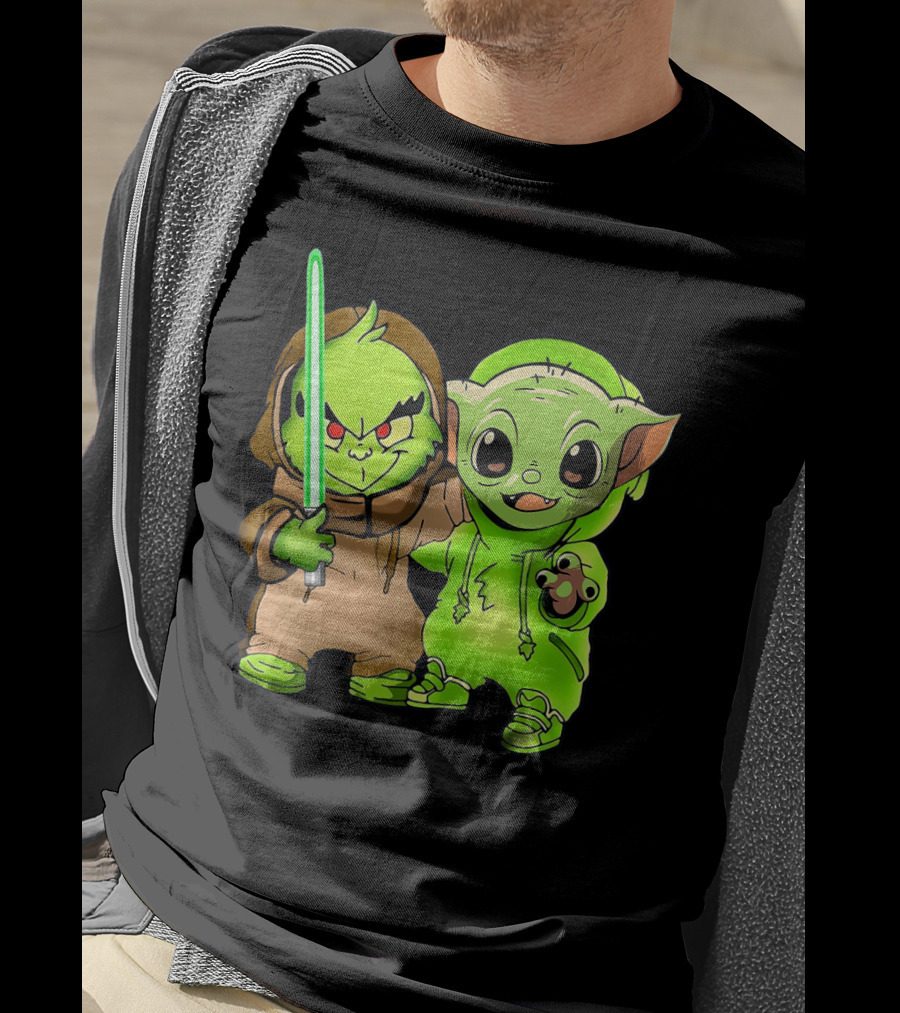 Baby Yoda And Baby Grinch Lightsaber Duo T-Shirt