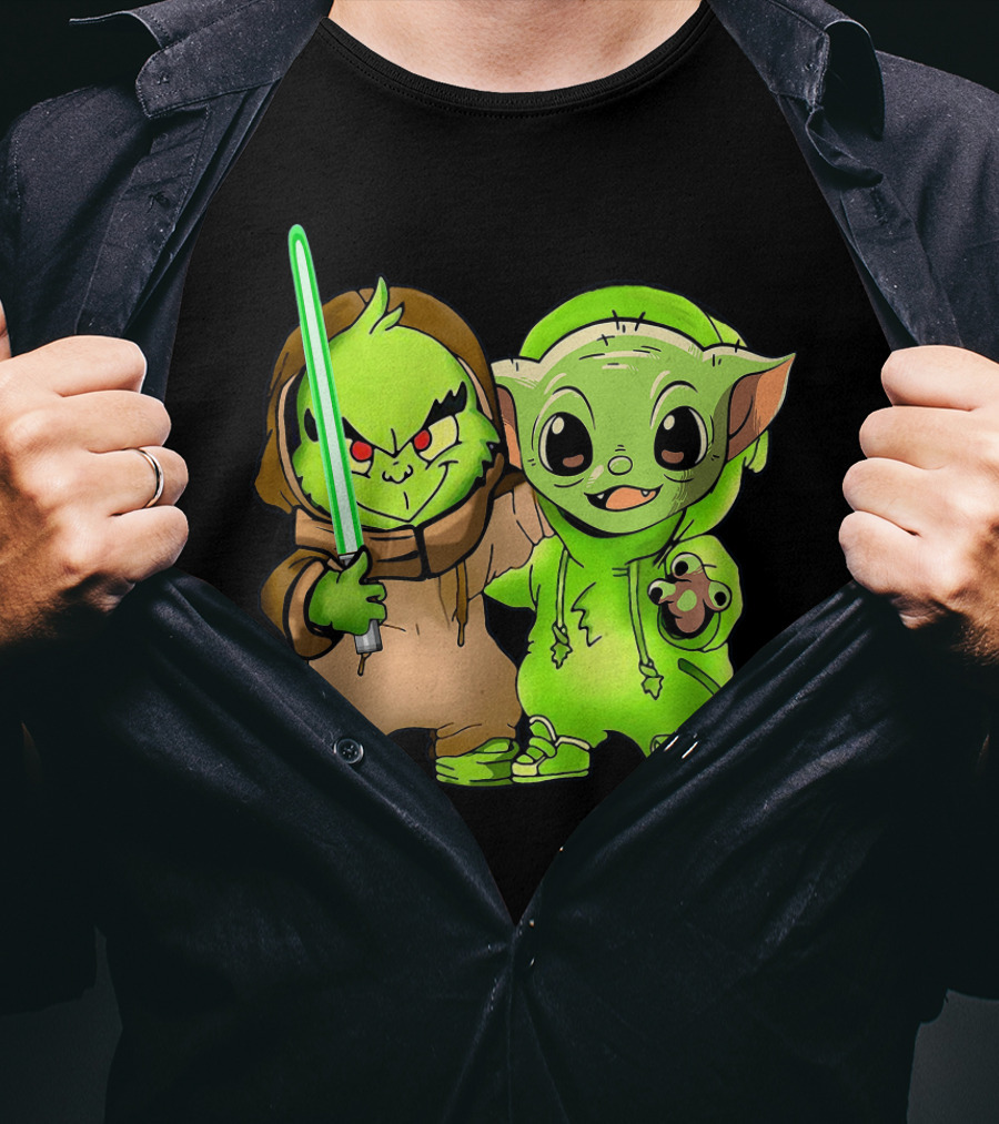 Baby Yoda And Baby Grinch Lightsaber Duo T-Shirt