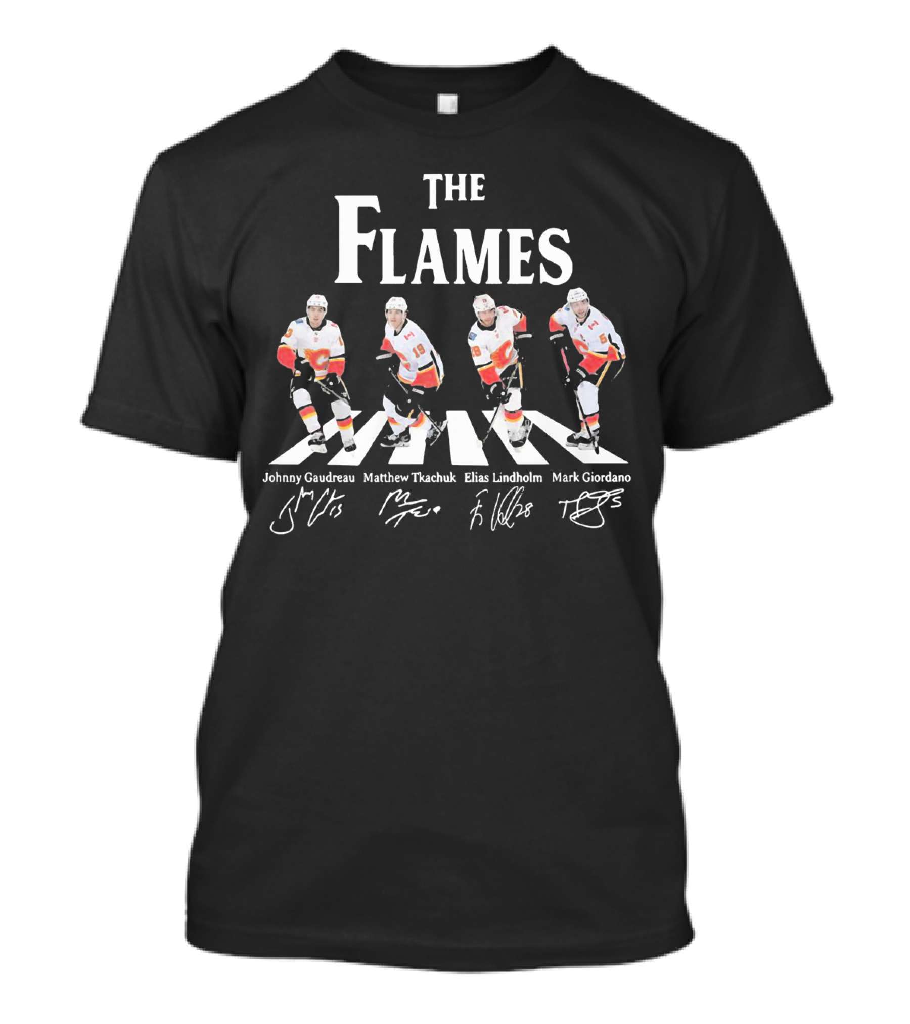The Flames Johnny Gaudreau Matthew Tkachuk Elias Lindholm Mark Giordano Hockey Players Abbey Road T-Shirt