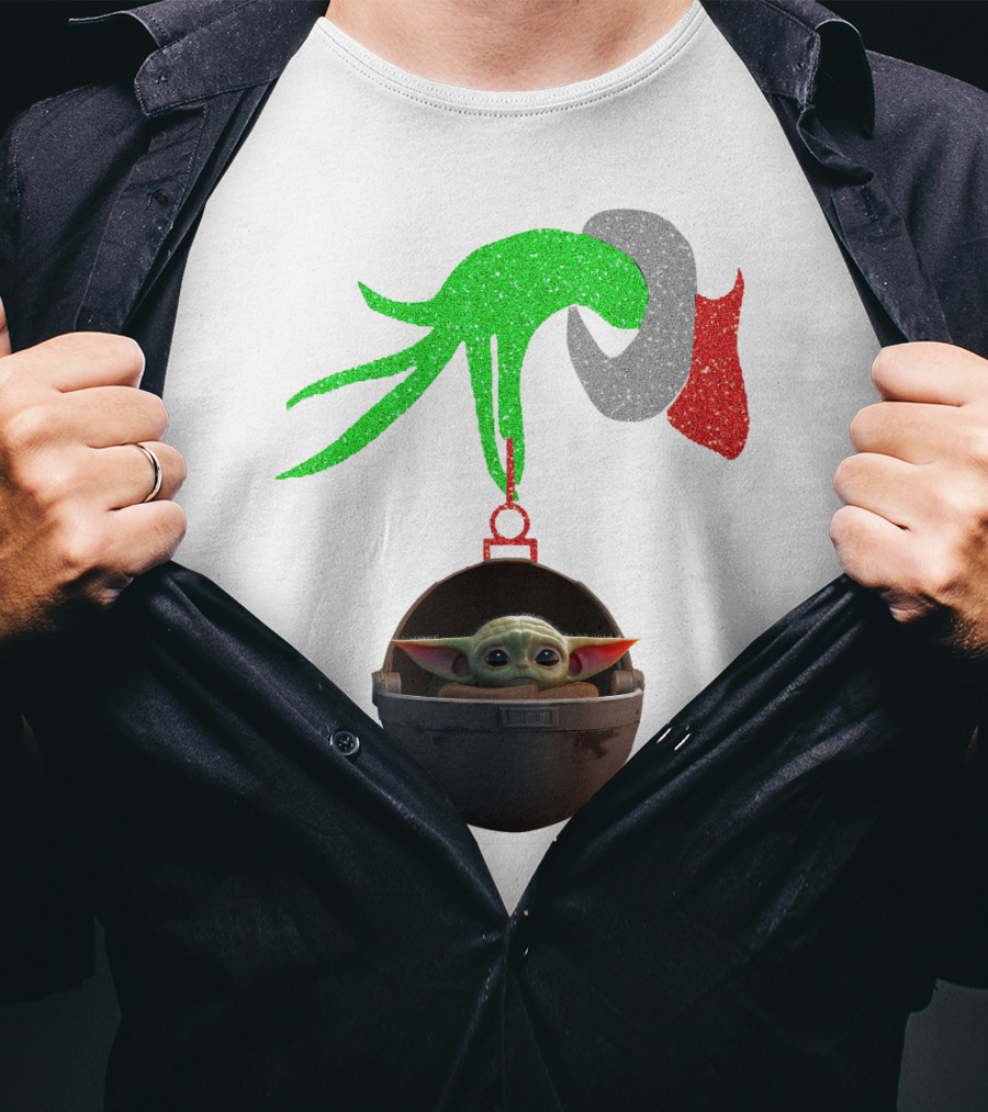 Grinch Hand Glitter Holding Baby Yoda T-Shirt