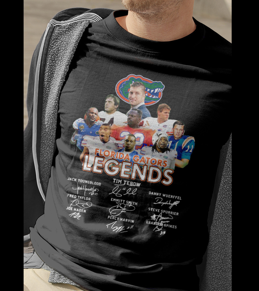 Florida Gators Legends Jack Youngblood Tim Tebow Danny Wuerffel Fred Taylor Emmitt Smith Steve Spurrier Joe Haden Percy Harvin Brandon Spikes T-Shirt