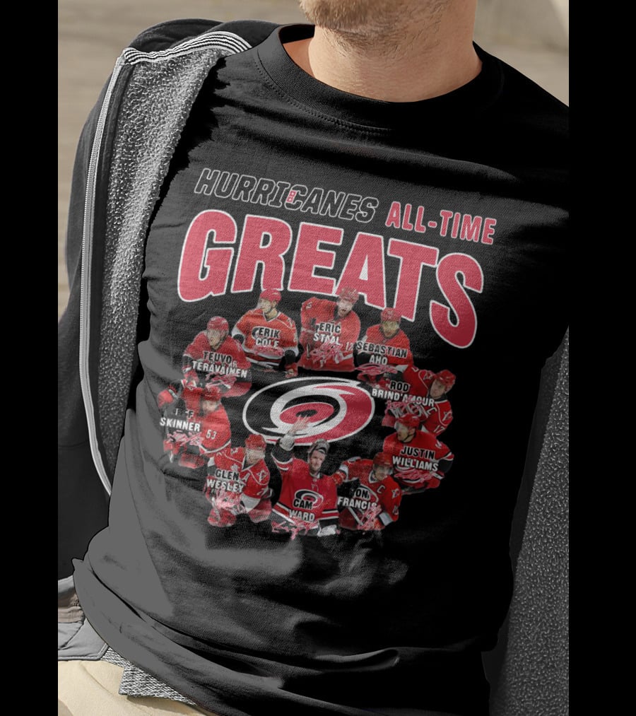 Hurricanes All-Time Greats Teuvo Teravainen Erik Cole Eric Staal Sebastian Aho Skinner Glen Wesley Cam Ward Rod Brind'amour Justin Williams Ron Francis T-Shirt