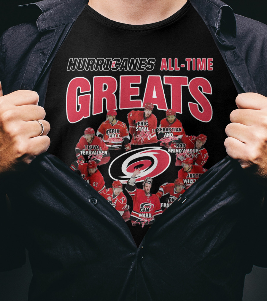 Hurricanes All-Time Greats Teuvo Teravainen Erik Cole Eric Staal Sebastian Aho Skinner Glen Wesley Cam Ward Rod Brind'amour Justin Williams Ron Francis T-Shirt