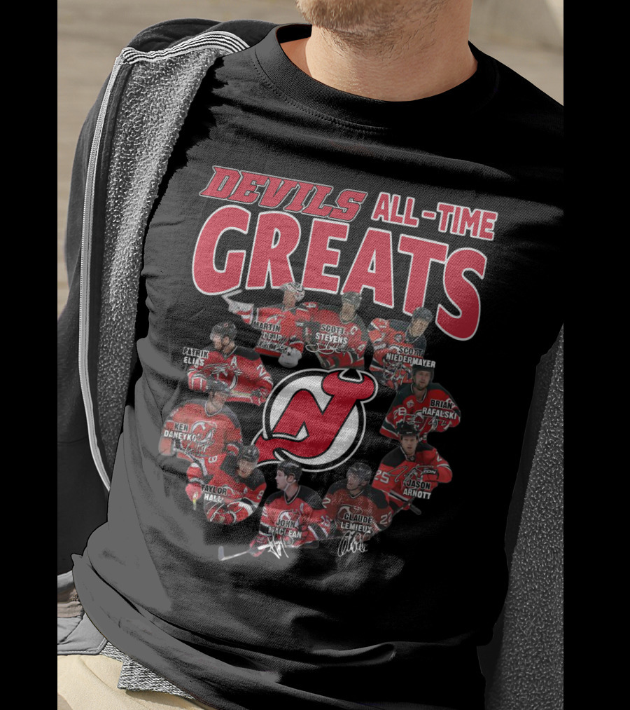 New Jersey Devils All-Time Greats Martin Brodeur Scott Stevens Scott Niedermayer Patrik Elias Ken Daneyko Brian Rafalski Taylor Hall John MacLean Claude Lemieux Jason Arnott T-Shirt