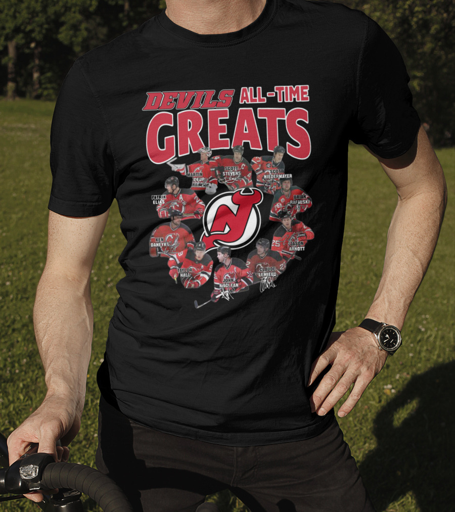 New Jersey Devils All-Time Greats Martin Brodeur Scott Stevens Scott Niedermayer Patrik Elias Ken Daneyko Brian Rafalski Taylor Hall John MacLean Claude Lemieux Jason Arnott T-Shirt