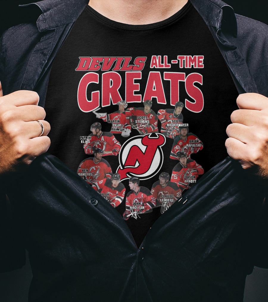 New Jersey Devils All-Time Greats Martin Brodeur Scott Stevens Scott Niedermayer Patrik Elias Ken Daneyko Brian Rafalski Taylor Hall John MacLean Claude Lemieux Jason Arnott T-Shirt
