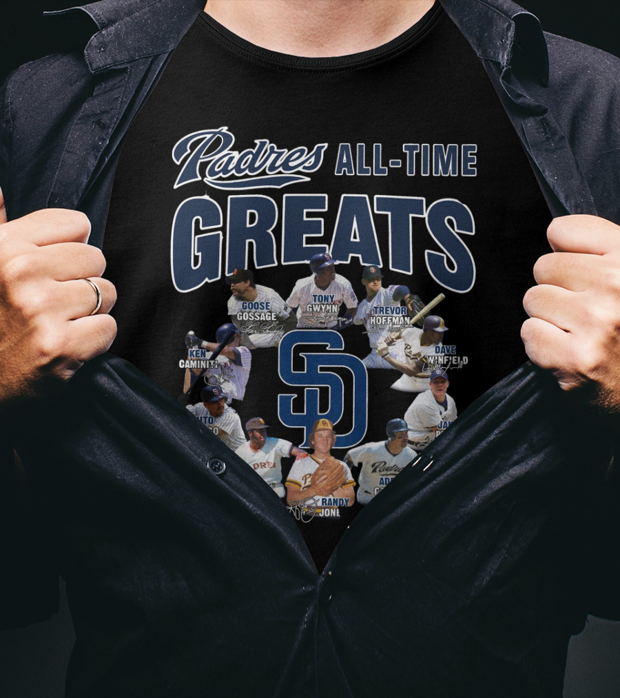 Padres All-Time Greats Goose Gossage Tony Gwynn Trevor Hoffman Dave Winfield Ken Caminiti Benito Santiago Nate Colbert Randy Jones Adrian Gonzalez Jake Peavy T-Shirt