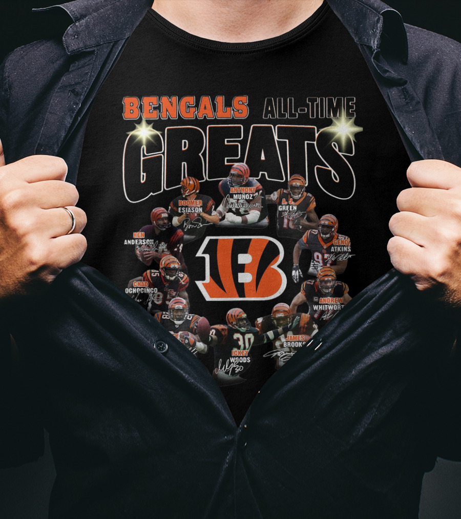 Bengals All-Time Greats Boomer Esiason Anthony Munoz A.j. Green Ken Anderson Chad Ochocinco Geno Atkins Corey Dillon Andrew Whitworth Ickey Woods James Brooks T-Shirt