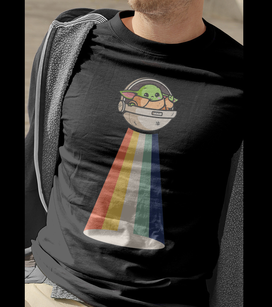 Baby Yoda Spaceship Rainbow Glow T-Shirt