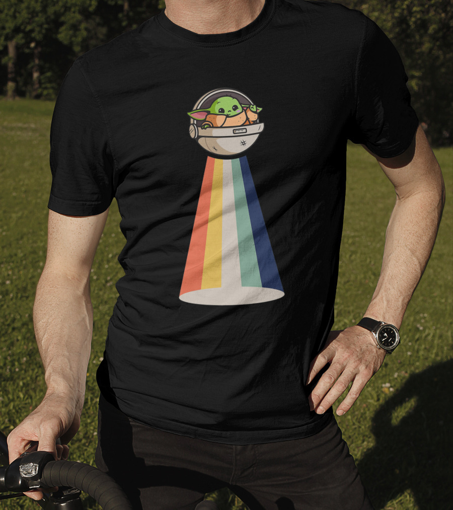 Baby Yoda Spaceship Rainbow Glow T-Shirt