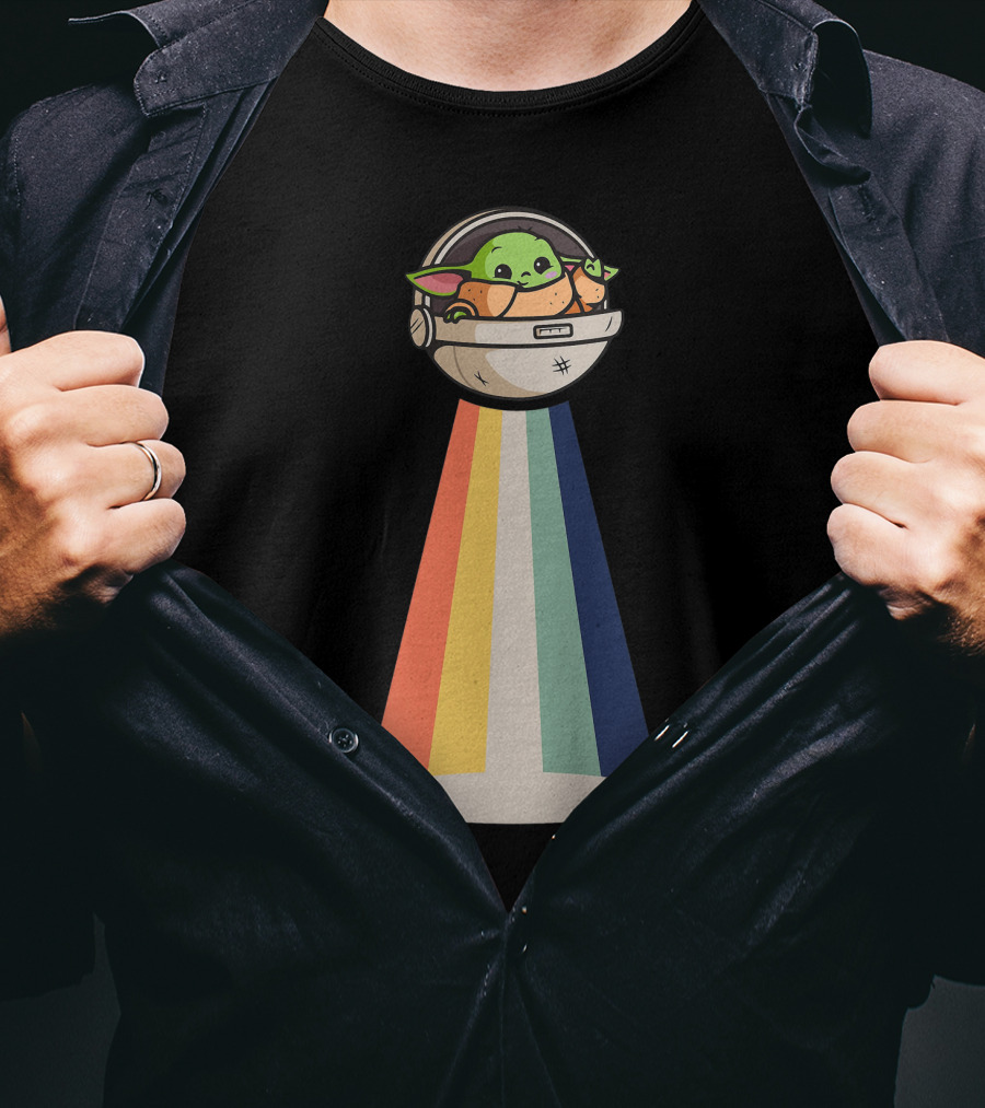 Baby Yoda Spaceship Rainbow Glow T-Shirt