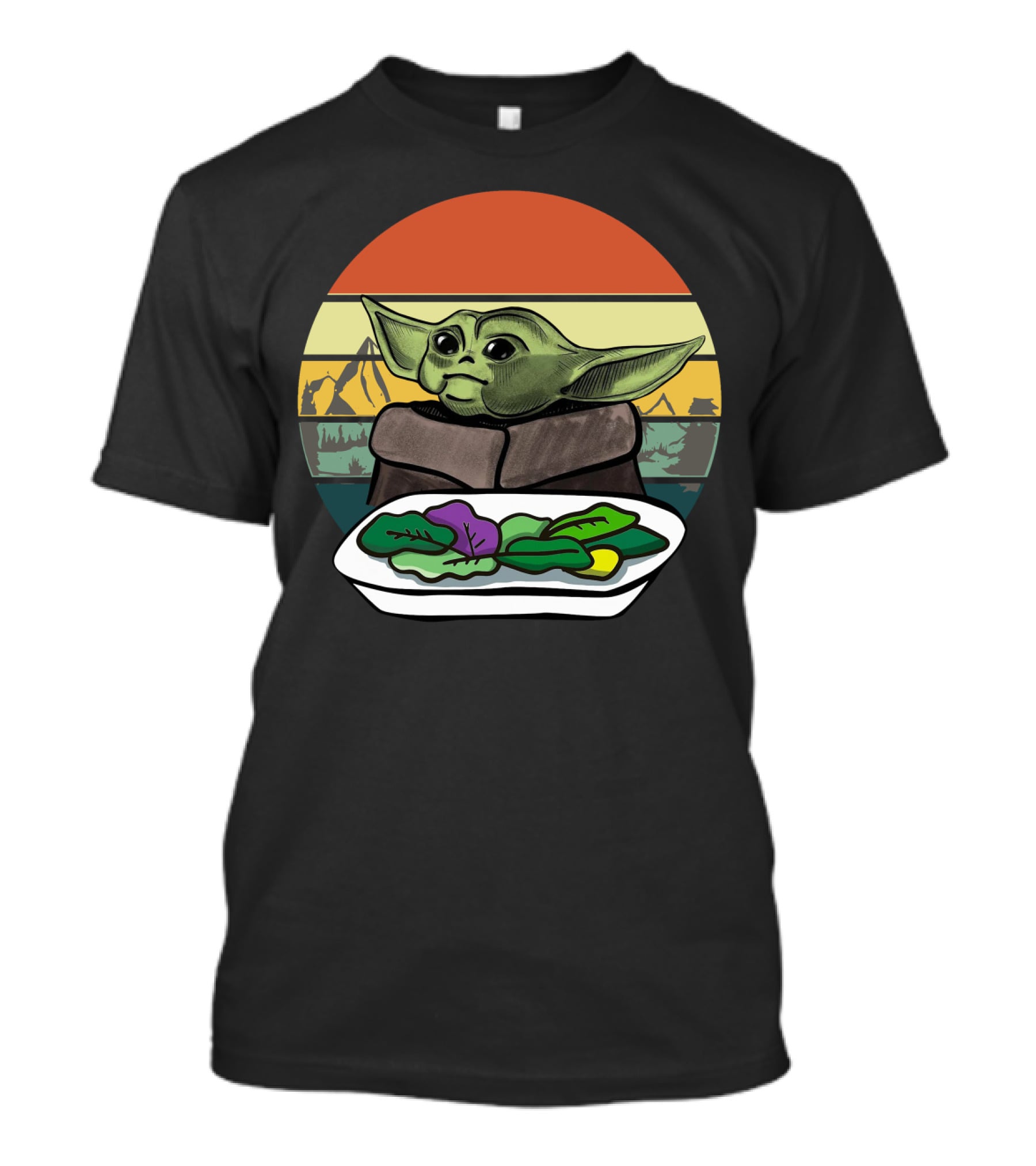 Baby Yoda Yelling At The Table Mountains 70s Sunset Forest T-Shirt