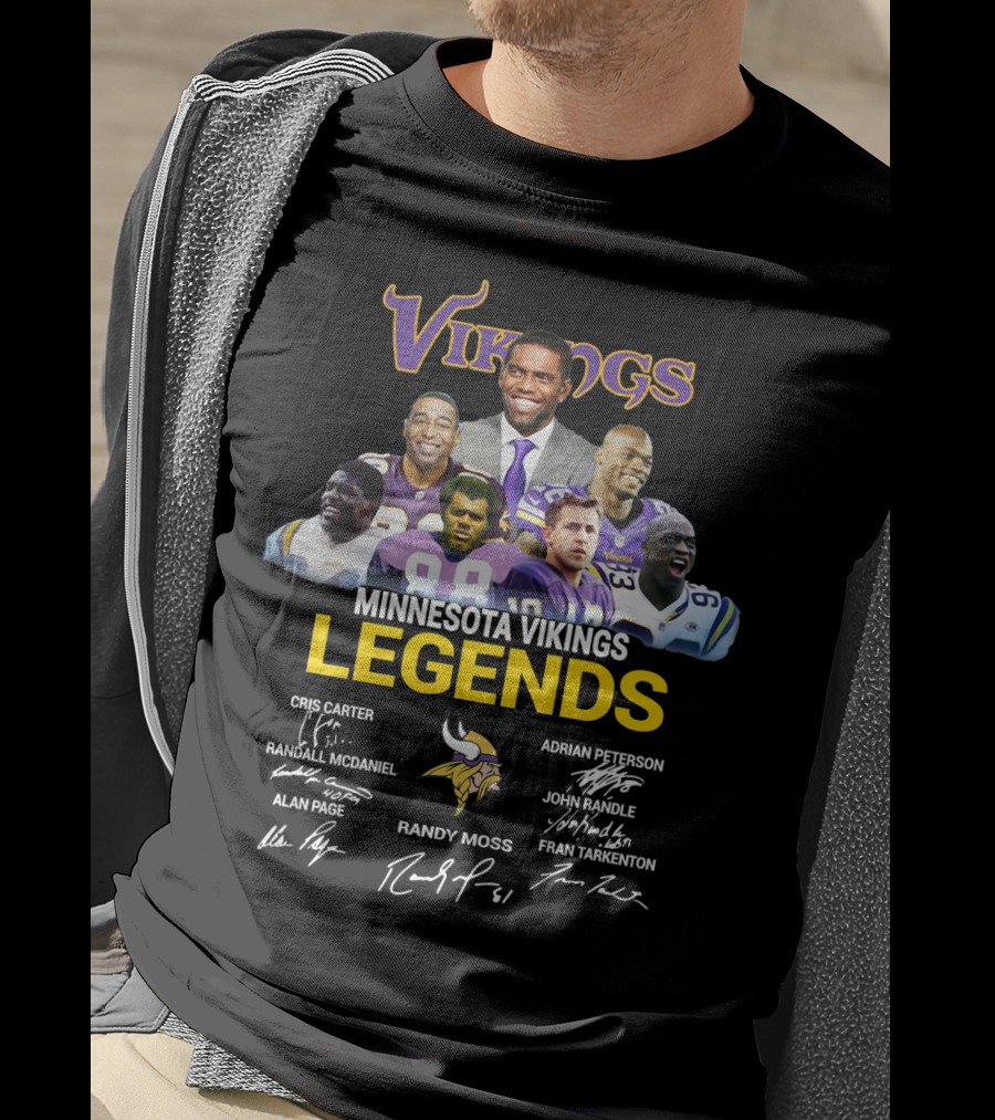 Minnesota Vikings Legends Cris Carter Randy Moss Adrian Peterson John Randle Randall McDaniel Alan Page Fran Tarkenton T-Shirt