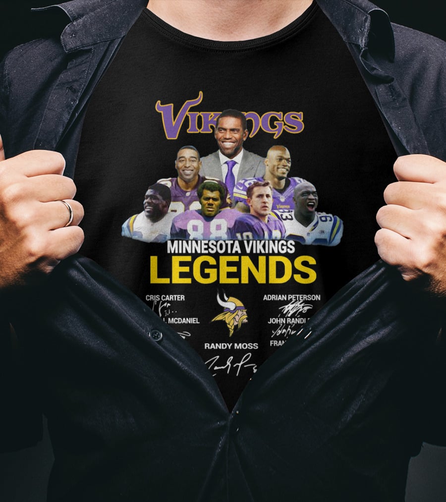 Minnesota Vikings Legends Cris Carter Randy Moss Adrian Peterson John Randle Randall McDaniel Alan Page Fran Tarkenton T-Shirt
