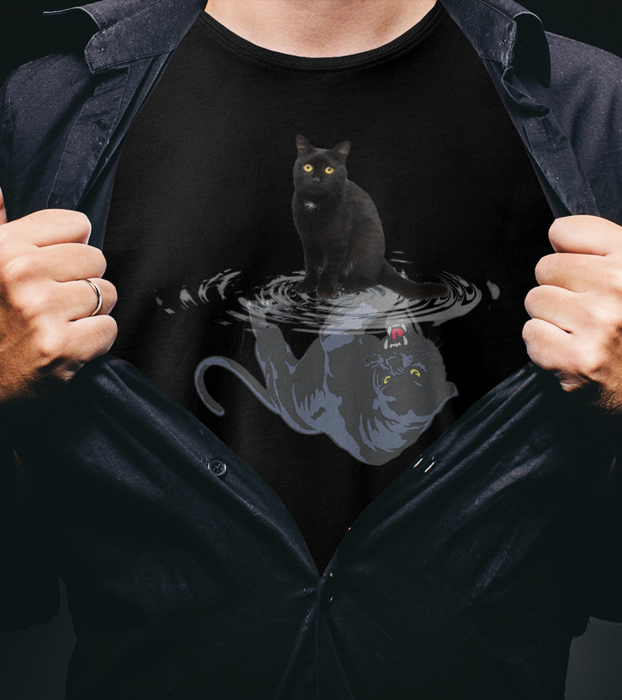 Black Cat Water Reflection Mirror Black Panther Reflection T-Shirt