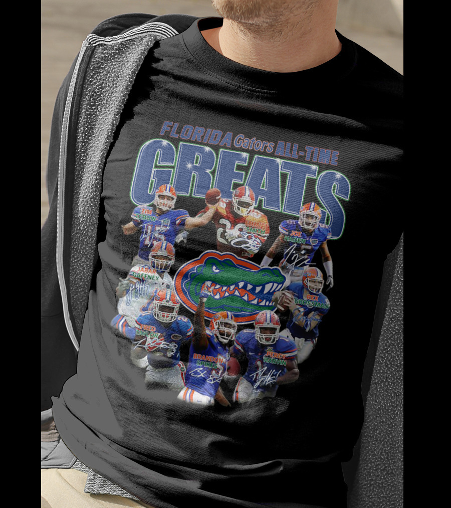 Florida Gators Legendary Greats Tim Tebow Kewan Alumbaugh Joe Haden Jabar Gaffney Braden Spurrier Percy Harvin NFL Signatures T-Shirt