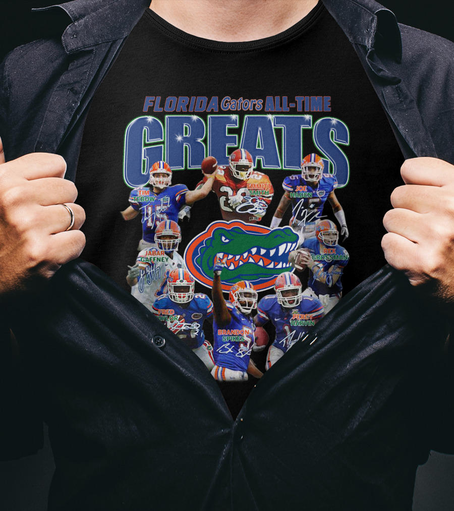 Florida Gators Legendary Greats Tim Tebow Kewan Alumbaugh Joe Haden Jabar Gaffney Braden Spurrier Percy Harvin NFL Signatures T-Shirt