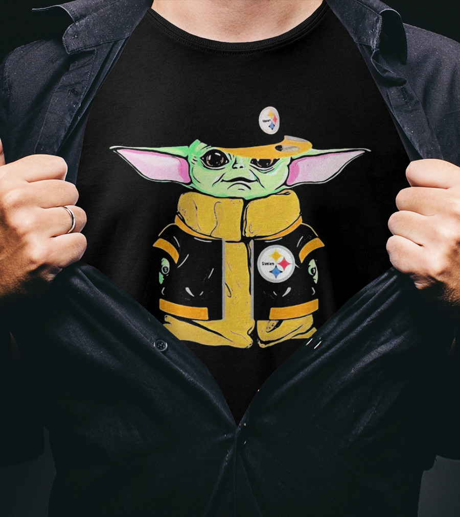 Baby Yoda Wearing Pittsburgh Steelers Hat And Jacket T-Shirt