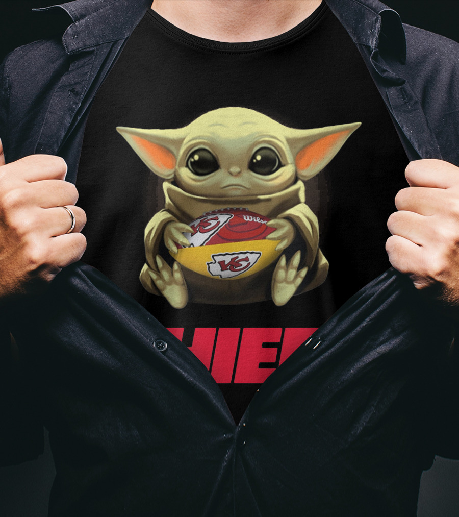 Baby Yoda Hugging Kansas City Chiefs Football T-Shirt