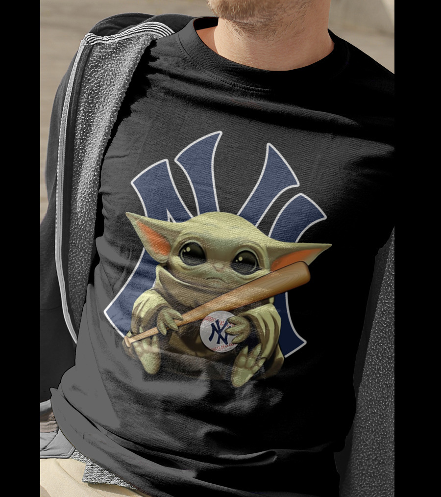 Baby Yoda Holding Baseball And Bat With New York Yankees T-Shirt