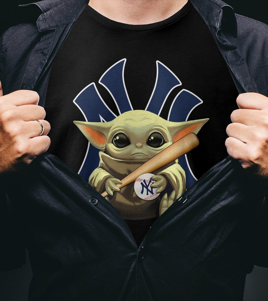 Baby Yoda Holding Baseball And Bat With New York Yankees T-Shirt
