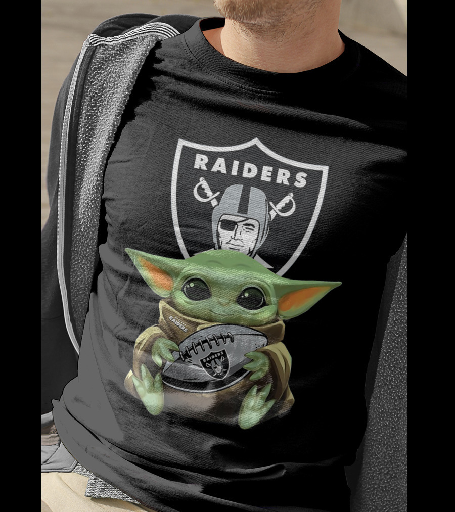 Raiders Baby Yoda Hugs Football With Shield T-Shirt