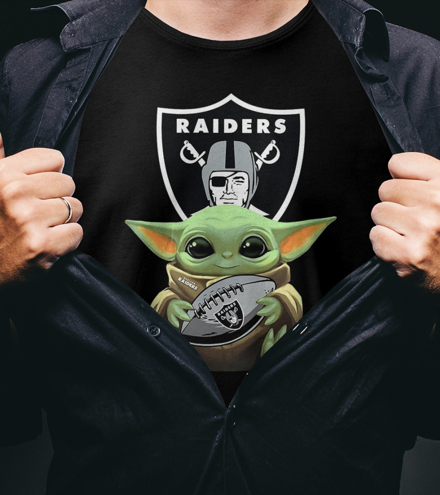 Raiders Baby Yoda Hugs Football With Shield T-Shirt