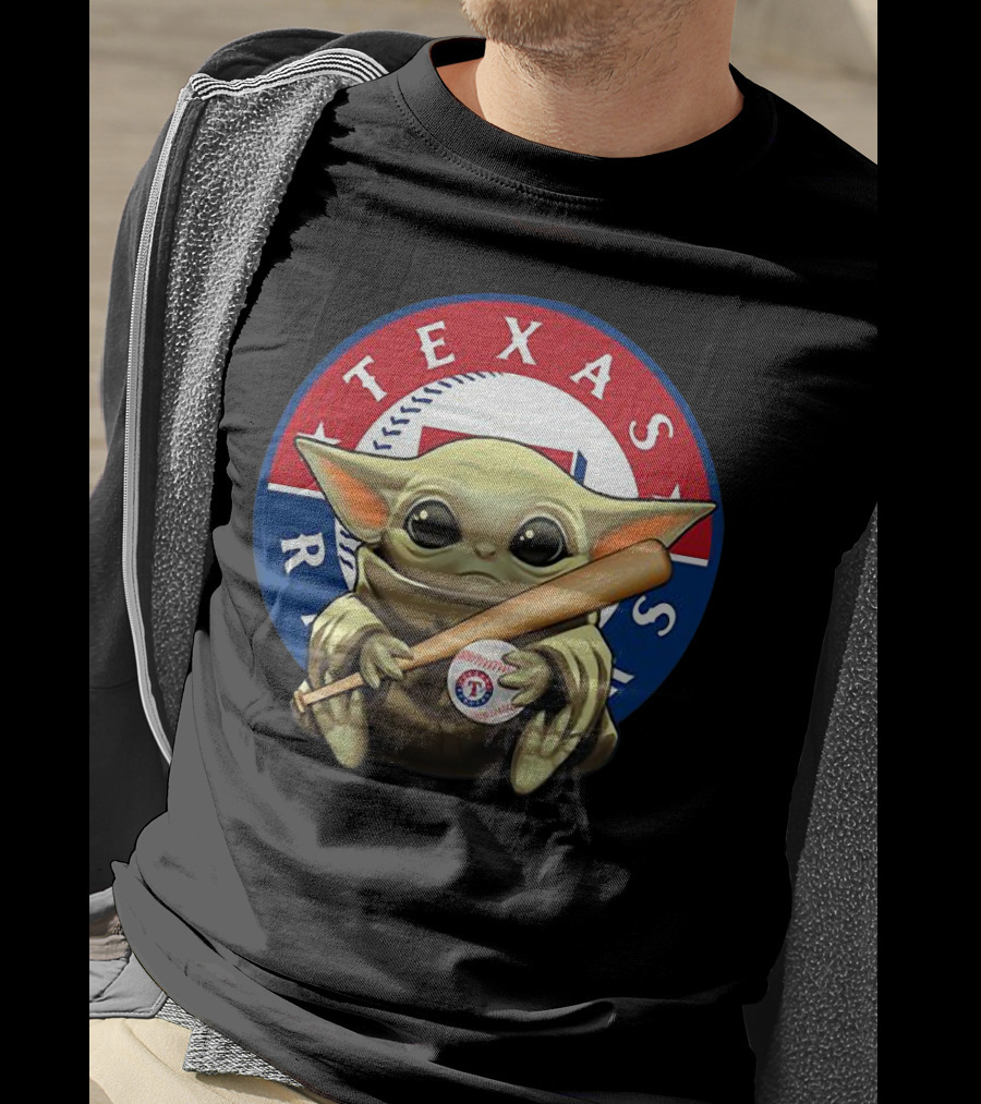 Baby Yoda Texas Rangers Baseball Fan With Bat And Ball T-Shirt