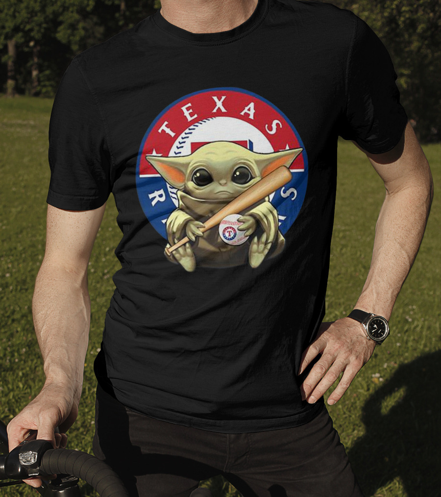 Baby Yoda Texas Rangers Baseball Fan With Bat And Ball T-Shirt