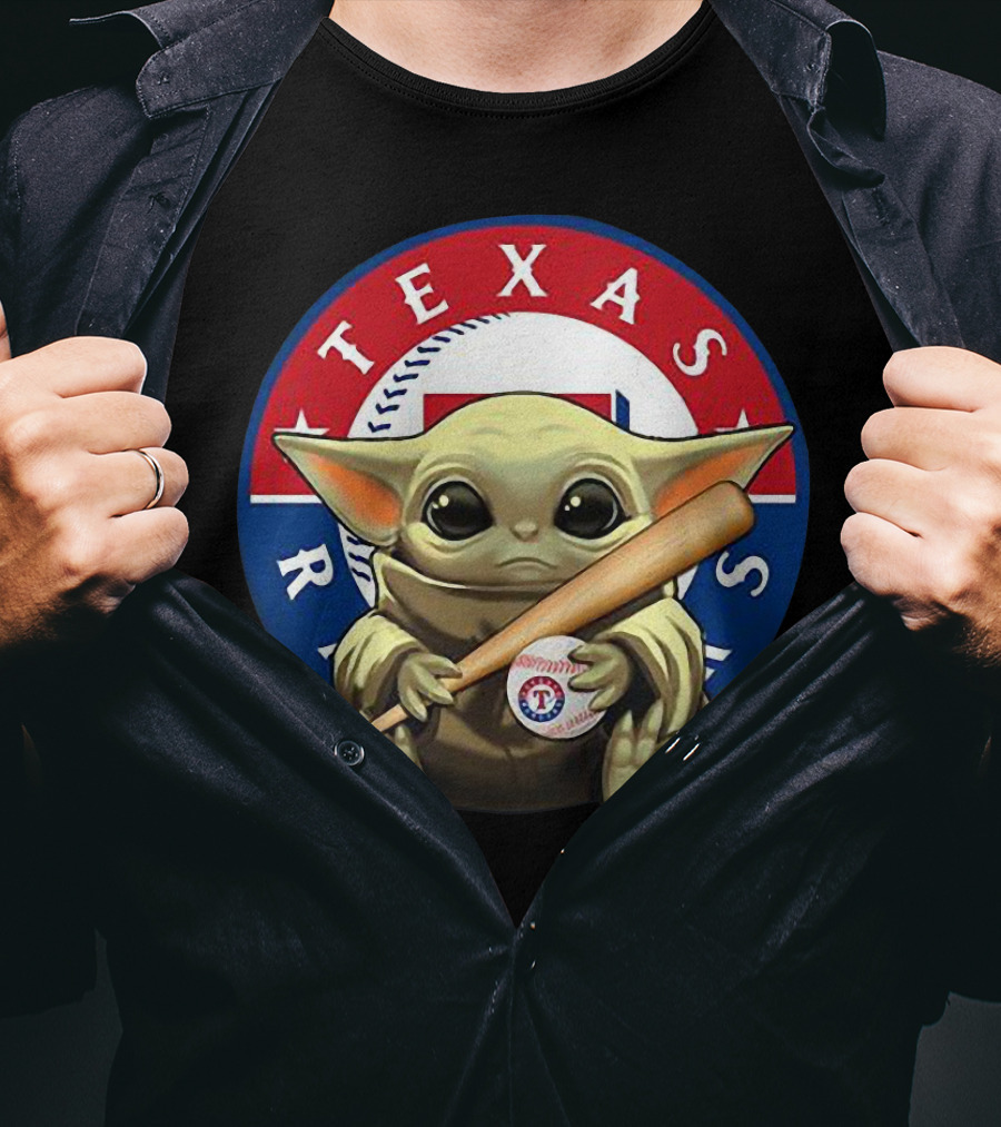 Baby Yoda Texas Rangers Baseball Fan With Bat And Ball T-Shirt