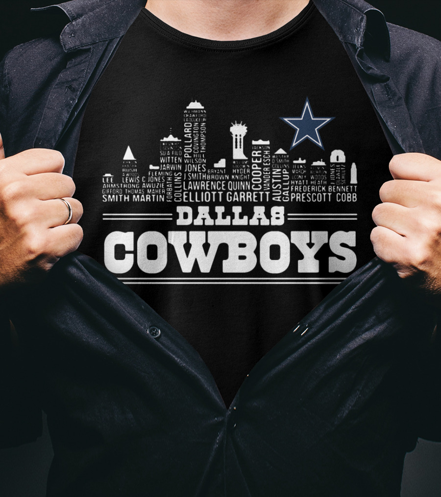 Dallas Cowboys Skyline With Player Names And Star T-Shirt