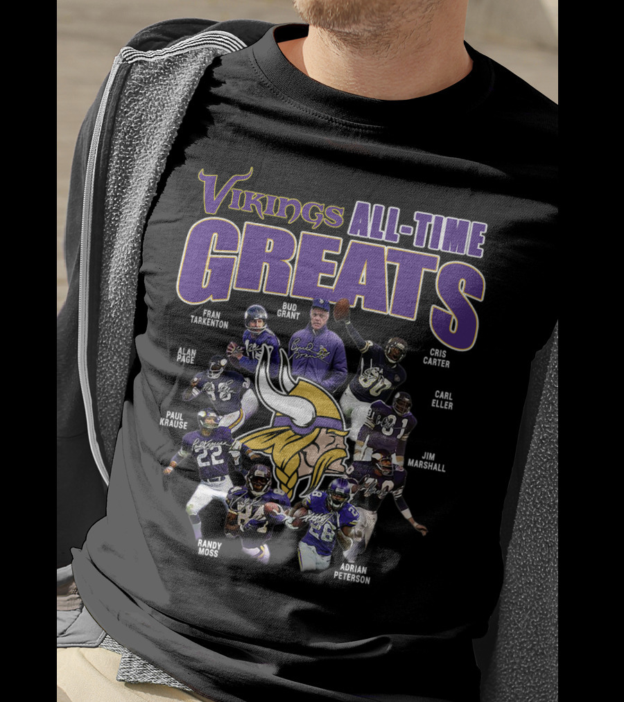 Vikings All-Time Greats Fran Tarkenton Bud Grant Cris Carter Alan Page Paul Krause Randy Moss Adrian Peterson Carl Eller Jim Marshall T-Shirt
