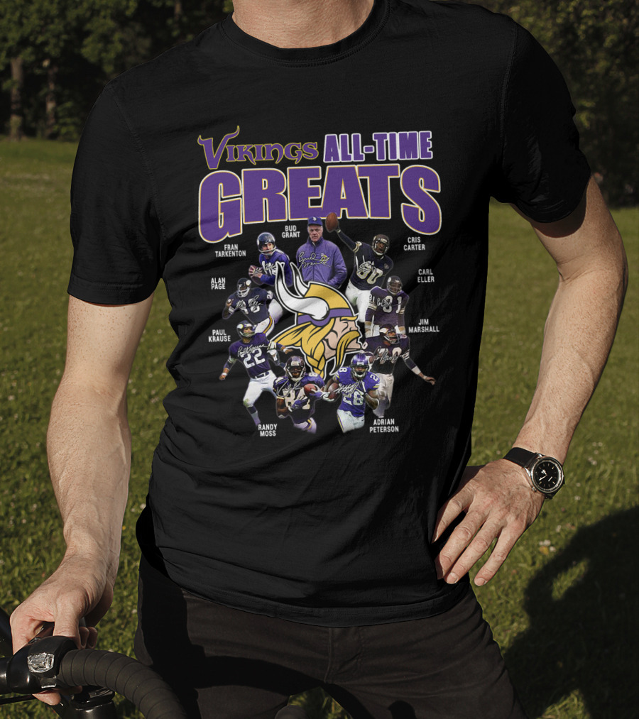 Vikings All-Time Greats Fran Tarkenton Bud Grant Cris Carter Alan Page Paul Krause Randy Moss Adrian Peterson Carl Eller Jim Marshall T-Shirt