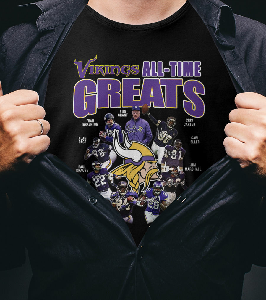 Vikings All-Time Greats Fran Tarkenton Bud Grant Cris Carter Alan Page Paul Krause Randy Moss Adrian Peterson Carl Eller Jim Marshall T-Shirt