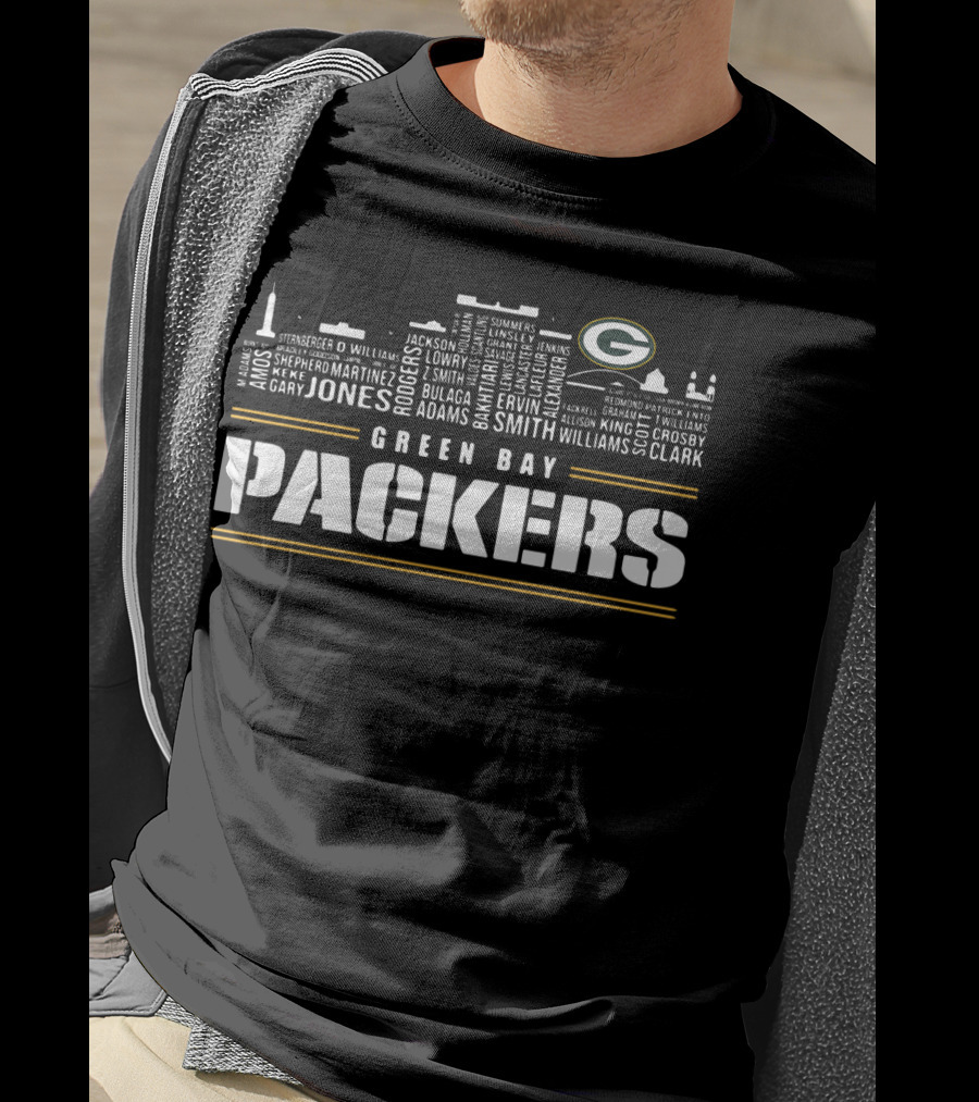 Green Bay Packers City Skyline Logo Jones Adams Clark T-Shirt