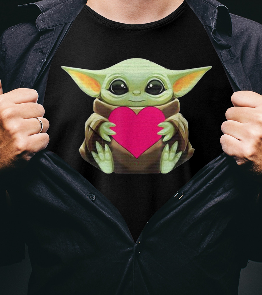 Valentine's Day Baby Y.O.D.A Heart With Cute Green Character Holding Pink Heart T-Shirt