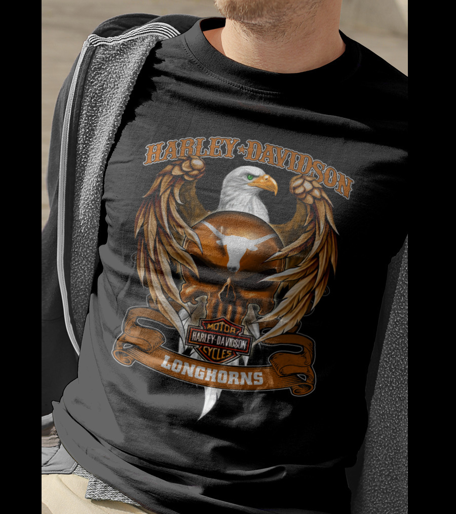 Harley Davidson Longhorns Texas Ncaa Motorcycle Eagle Skull T-Shirt