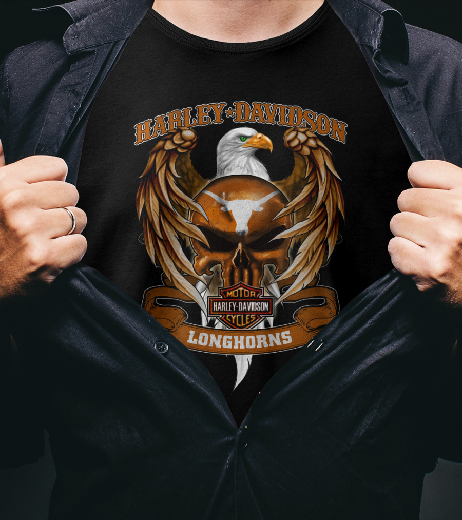 Harley Davidson Longhorns Texas Ncaa Motorcycle Eagle Skull T-Shirt