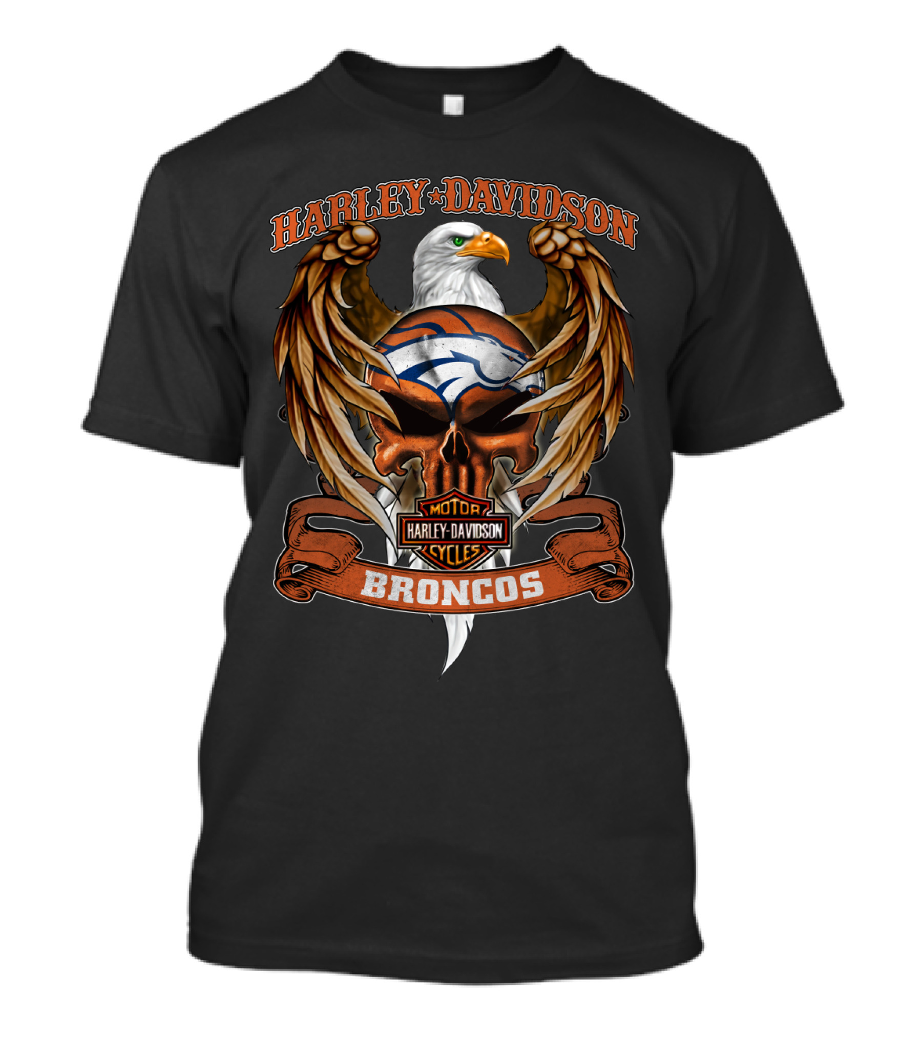 Harley Davidson Broncos Motor Cycles Denver Nfl Eagle Skull T-Shirt