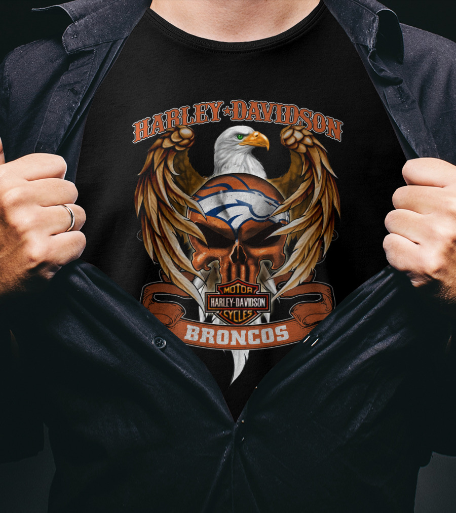 Harley Davidson Broncos Motor Cycles Denver Nfl Eagle Skull T-Shirt