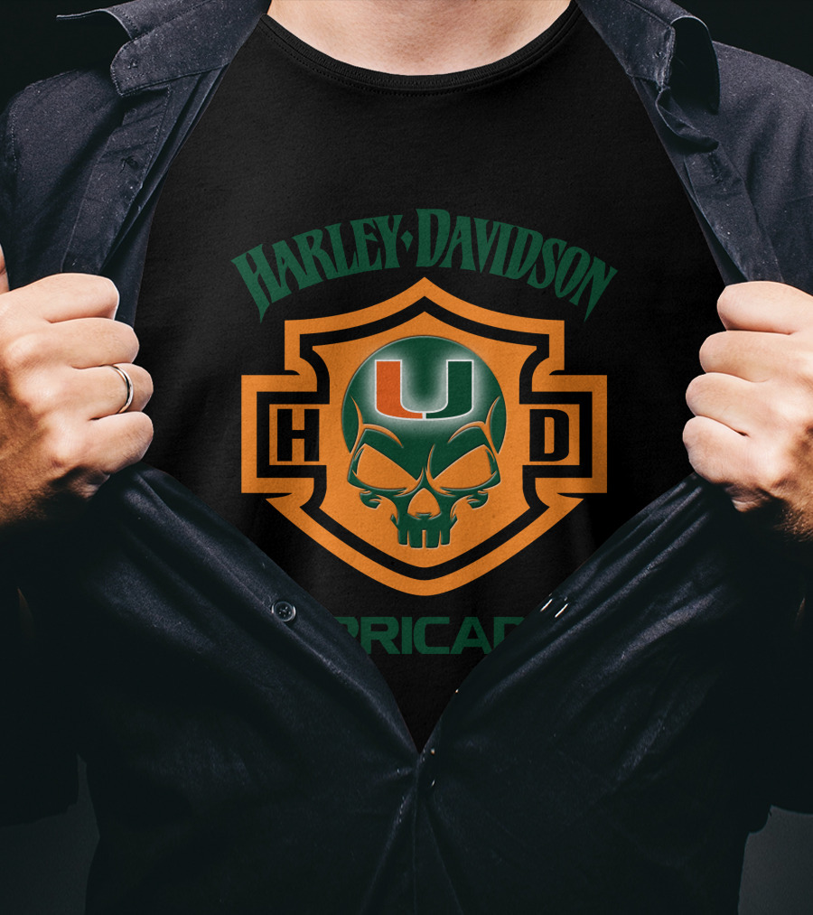 Harley Davidson Hurricanes Miami U Logo Skull Design For Ncaa Football Fans T-Shirt