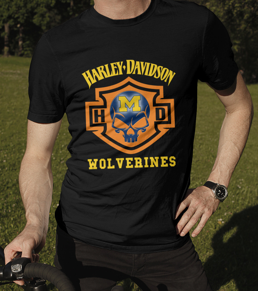 Harley Davidson Wolverines Hd Ncaa Football Skull M T-Shirt