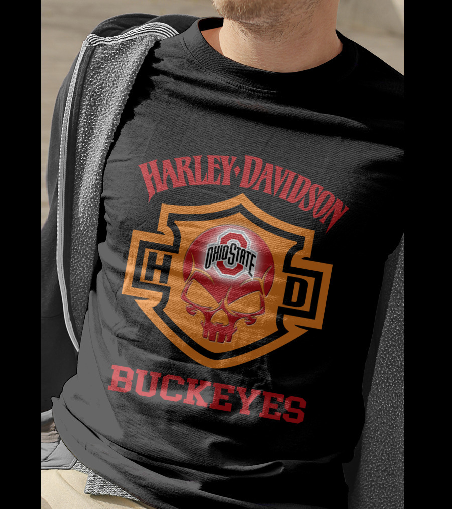 Ohio State Buckeyes Harley Davidson Fans Hd Skull T-Shirt