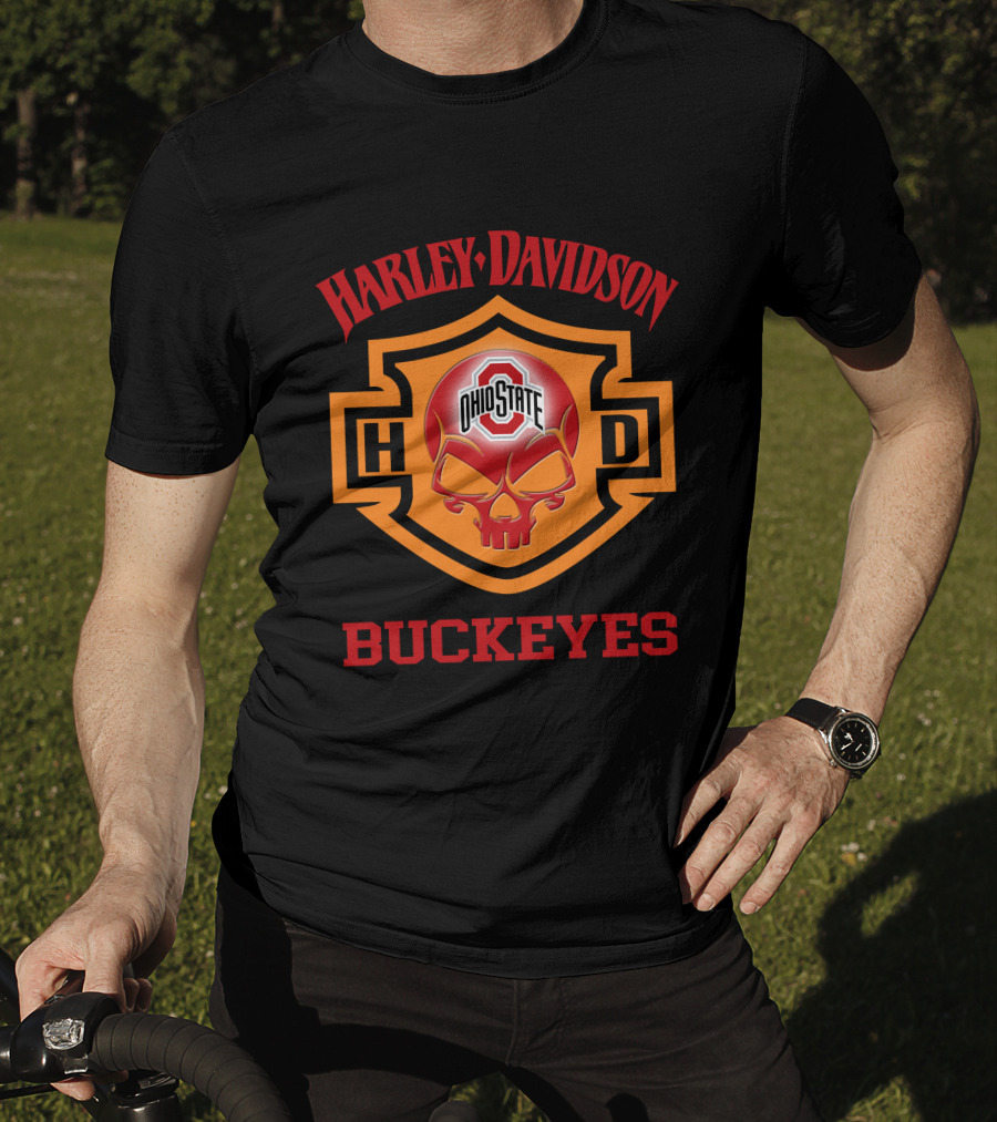Ohio State Buckeyes Harley Davidson Fans Hd Skull T-Shirt