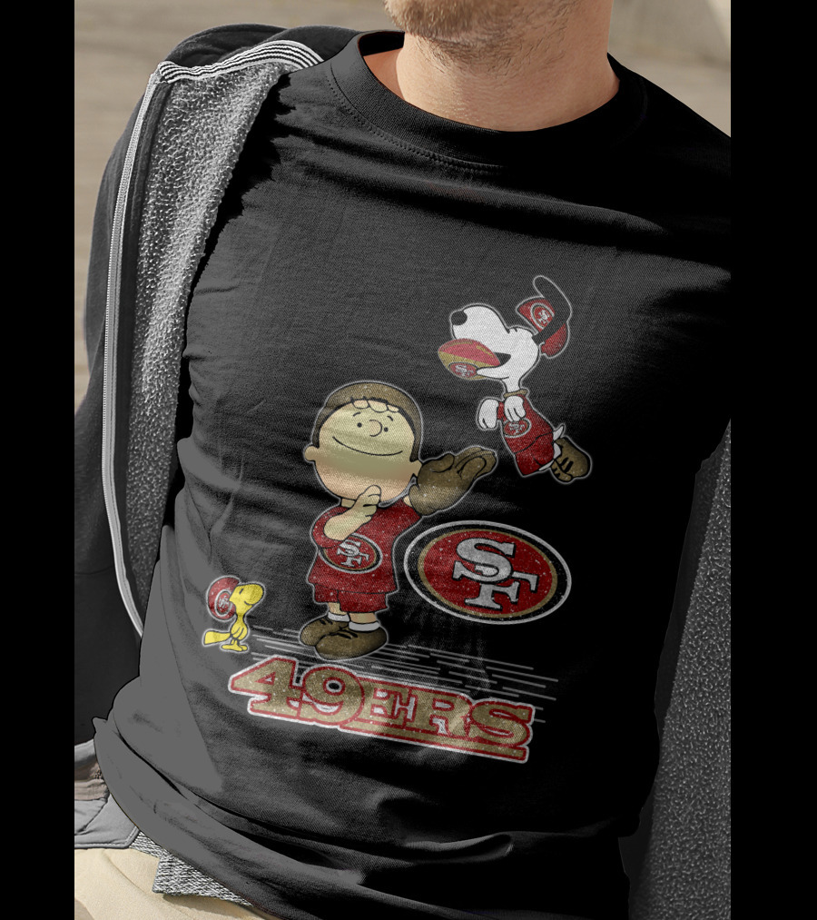 Snoopy And Woodstock With San Francisco 49ers Sf Logo In Red And Gold T-Shirt
